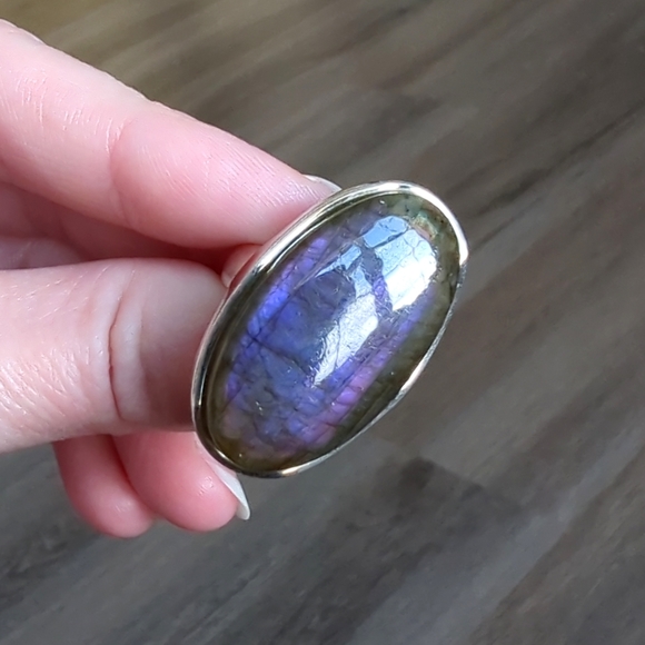Large Purple Flash Labradorite Ring Adjustable 925 Silver Handcrafted Artisan VG - Picture 4 of 13